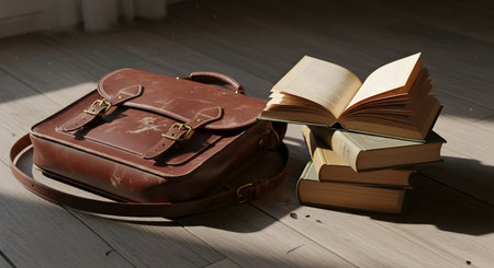 A still life scene featuring a vintage brown leather satchel and a stack of old books resting on a wooden floor. Sunlight streams in from a window, casting long shadows and creating a warm, nostalgic atmosphere. The image evokes themes of education, study, and classic style.の素材