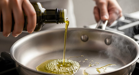 A close-up shot of a chef pouring golden olive oil from a dark glass bottle into a hot, steaming stainless steel skillet. The oil is sizzling slightly as it hits the hot surface, ready for cooking.の素材