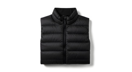 A modern black sleeveless puffer vest, or gilet, with a zip-up front and high collar. The jacket is neatly folded and isolated on a clean white background, ideal for fashion, apparel, and e-commerce mockups.の素材