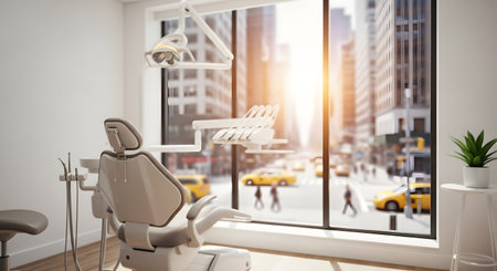 A modern, clean dentist's office with an examination chair and equipment. A large window provides a bright view of a blurred city skyline, suggesting an urban dental clinic.の素材