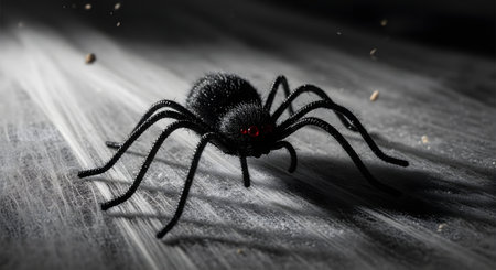 A scary, fuzzy black toy spider with bright red eyes sits on a layer of white, stretched cobwebs. The dark, moody lighting and particles in the air create a spooky atmosphere perfect for Halloween.の素材