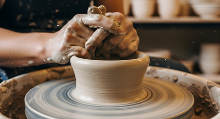 A close-up shot captures a potter's hands, covered in wet clay, skillfully shaping a piece of pottery on a spinning potter's wheel. The artist is forming a small pot or bowl, demonstrating a traditional craft and hobby.の素材
