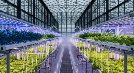 A large, modern vertical farm with multiple tiers of green lettuce and other leafy plants. The crops are growing indoors under purple and white LED grow lights, using a hydroponic or aeroponic system.の素材