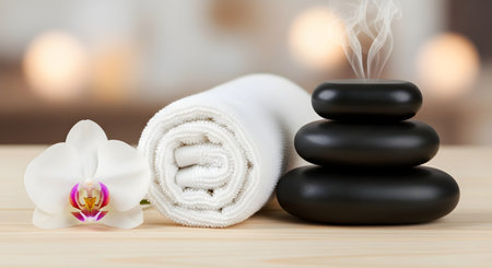 A tranquil spa and wellness scene featuring a stack of black hot stones with steam rising, a rolled white towel, and a white orchid flower. The setting has a soft, warm bokeh background, representing relaxation, massage therapy, and zen balance.の素材