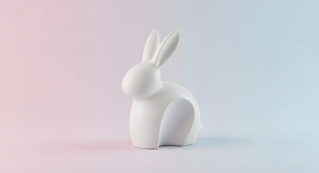 A minimalist, modern white ceramic figurine of a rabbit, shown in profile. The bunny statue is sitting on a clean surface with a soft, pastel gradient background that transitions from light pink to light blue.の素材