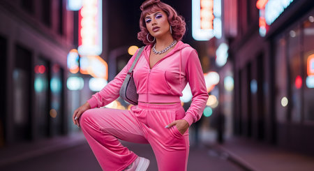 A fashionable woman with pink hair poses confidently in a bright pink velour tracksuit on a city street at night. This image captures the Y2K fashion trend, with neon lights in the background, representing early 2000s nostalgia and urban style.の素材