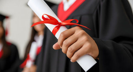 A close-up shot of a graduate's hand holding a rolled-up diploma,tied with a red ribbon. The student is wearing a black graduation gown and a red sash. Other graduates are blurred in the background,representing achievement,education,and commencement.の素材