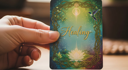 A person's hand holds up a beautifully illustrated oracle card with the word 'Healing' written in script. The card features mystical artwork with a white lotus flower, a hummingbird, and glowing light.の素材