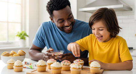 A joyful father and his young son are happily decorating cupcakes with white frosting and colorful sprinkles in a modern kitchen. The boy is laughing as he adds sprinkles, and the father smiles at him, holding a bowl. This image captures a heartwarming moment of family bonding, parenting, and fun.の素材