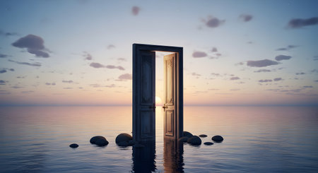 A surreal and conceptual image of a standalone wooden door opening in the middle of a calm ocean at sunset. This image represents new opportunities, the unknown, imagination, freedom, and spiritual journeys.の素材