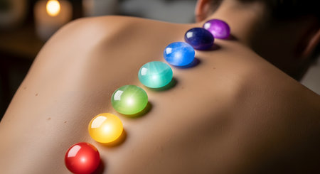 A close-up view of a person's bare back with a line of seven colorful, glowing chakra stones placed along their spine. This image represents crystal healing, reiki, spa treatments, and holistic wellness.の素材