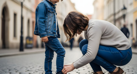 A caring mother kneels down to tie her young child's shoelace on a cobblestone street in a city. Both are dressed in casual denim, representing a moment of parental care, love, and everyday family life.の素材