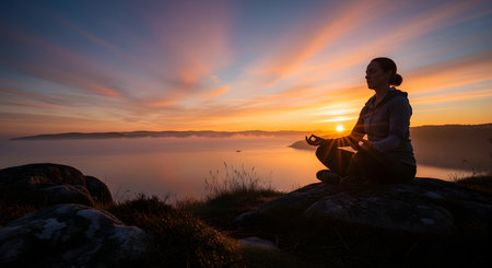 Silhouette of a woman in a lotus yoga pose, meditating peacefully on a rocky clifftop overlooking a calm ocean at sunset. The sky is filled with vibrant orange, pink, and purple clouds, and the sun is dipping below the horizon. The scene evokes tranquility, mindfulness, and zen.の素材
