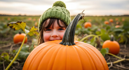 A happy little girl wearing a green knit hat smiles while peeking out from behind a large orange pumpkin. She is in a pumpkin patch with many other pumpkins visible in the background under an overcast sky. This captures the joy of fall activities.の素材