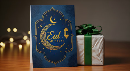 An "Eid Mubarak" greeting card with a golden crescent moon and lantern design stands next to a silver gift box wrapped with a green ribbon. The scene is set on a wooden table with blurred festive lights in the background, celebrating the Muslim holiday.の素材