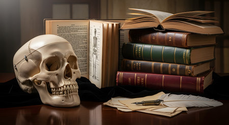 A still life arrangement on a wooden desk, featuring an anatomical human skull next to a stack of old, leather-bound books. A quill pen, inkwell, and parchment paper complete the scene, evoking themes of history, literature, anatomy, or a 'dark academia' aesthetic.の素材