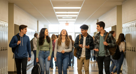 A diverse group of five high school students walks and talks together in a school hallway, lined with lockers. They are smiling and laughing, carrying backpacks, suggesting friendship and a positive school environment. The central girl is laughing heartily.の素材