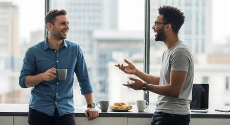 Two diverse male colleagues are standing by an office window, laughing and talking during a coffee break. One man holds a mug, and the other gestures as he speaks. Pastries and coffee cups are on the counter next to them.の素材