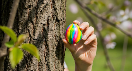 A person's hand holds a brightly colored, rainbow-striped Easter egg, having just found it by a tree trunk. The background is a sunny spring garden, representing the tradition of an Easter egg hunt, holiday, and celebration.の素材