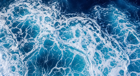 An abstract aerial, top-down view of deep blue ocean water. White, foamy waves and the wake of a boat create intricate patterns on the surface, representing the power and beauty of nature.の素材