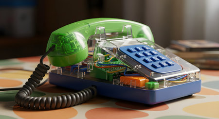 A colorful retro landline telephone with a transparent green and blue plastic casing, revealing its internal electronic circuits. The 90s-style push-button phone sits on a patterned table, evoking nostalgia and vintage technology.の素材