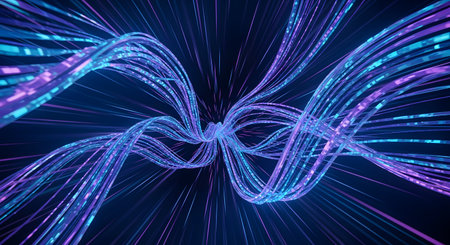 An abstract 3D render of glowing blue and purple lines, resembling fiber optic cables or data streams, flowing and twisting through a dark space. This image represents high-speed data transfer, technology, the internet, and network communication.の素材