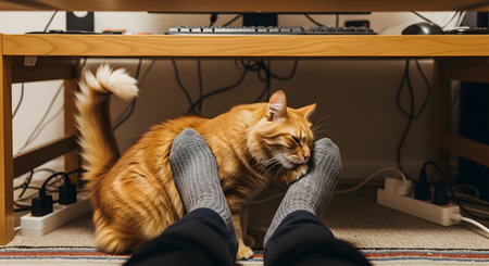 A cute, fluffy orange tabby cat affectionately rubs its head against its owner's feet under a wooden desk. The owner is wearing grey socks, and computer cables and power strips are visible on the floor, indicating a home office setting.の素材