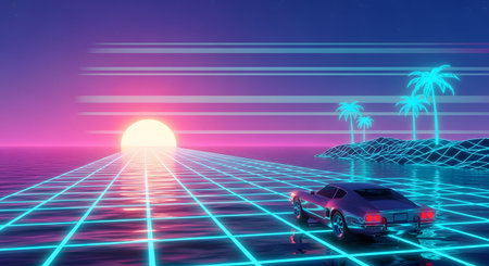A retro-futuristic digital landscape in a synthwave or retrowave style, featuring a glowing blue grid over an ocean. A classic sports car drives towards a neon pink and yellow sunset, with wireframe palm trees on an island.の素材