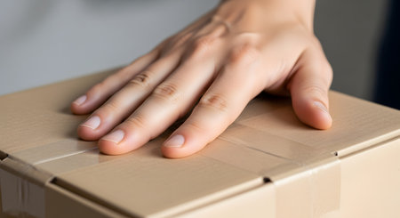 A close-up shot focusing on a woman's hand resting gently on top of a brown cardboard shipping box, which is sealed with clear tape. The image evokes concepts of e-commerce, package delivery, receiving mail, or moving.の素材