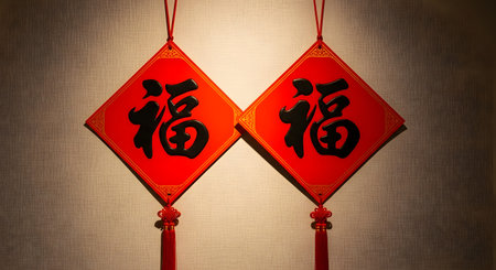 Two red, diamond-shaped Chinese New Year decorations hang on a wall, illuminated by a spotlight. Each decoration features the black calligraphy character 'Fu,' meaning good fortune, and a red tassel.の素材