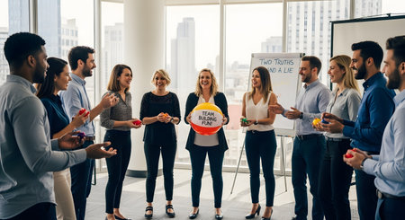 A diverse group of smiling office colleagues stands in a circle, participating in a fun team-building exercise. A facilitator in the center holds a yellow and red ball that says "TEAM BUILDING FUN!", promoting corporate culture and collaboration.の素材