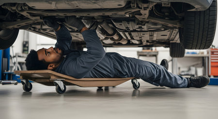 A professional auto mechanic in blue coveralls lies on his back on a creeper, working on the undercarriage of a car. The vehicle is raised on a hydraulic lift in a clean, professional auto repair shop or garage.の素材