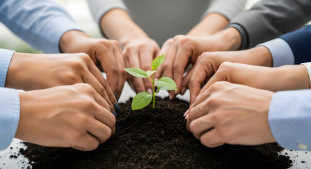 A close-up shot of multiple pairs of hands cupped together, carefully planting a small, green seedling into a mound of dark, rich soil. The image symbolizes teamwork, growth, sustainability, and new beginnings.の素材