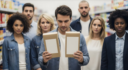 A young man stands in a supermarket aisle, comparing two identical brown boxes with blank white labels, looking confused. A diverse group of other shoppers stands behind him, watching him intently, representing consumer choice, decision-making, or social pressure.の素材