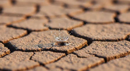 A macro photograph captures the precise moment a single water drop lands on dry, cracked ground, creating a crown-shaped splash. This powerful image symbolizes concepts of drought, climate change, water scarcity, hope, and the preciousness of life.の素材