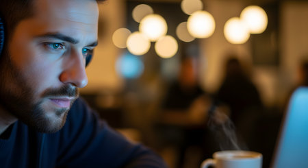 A close-up profile shot of a young, bearded man wearing headphones and concentrating intensely on his laptop screen in a dimly lit environment. The blurred bokeh lights in the background suggest a cafe or co-working space at night, representing remote work, focus, or online learning.の素材
