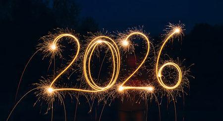 The numbers '2026' are written in the air using long-exposure photography with sparklers at night. The bright, golden sparks create the numbers against a dark background, celebrating the New Year.の素材