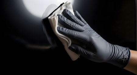 A close-up of a hand wearing a black nitrile glove, meticulously wiping a dark, shiny surface with a white microfiber cloth. A soft light reflects off the surface. This image represents cleaning, detailing, hygiene, disinfection, or car care.の素材
