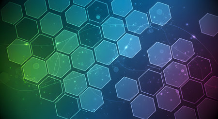 An abstract digital technology background featuring a honeycomb pattern of hexagons. The colors transition in a gradient from green to blue and purple, with glowing lines and particles suggesting data, connection, or science.の素材