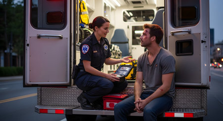 A female paramedic in uniform is treating an injured man with a cut on his face. They are sitting on the back bumper of an ambulance, and the paramedic is showing him a first-aid kit. This image represents emergency services, medical care, and first responders.の素材