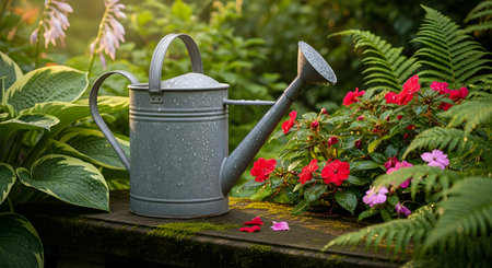 A classic galvanized metal watering can sits on a rustic wooden bench in a beautiful, lush garden. The can is surrounded by green plants, ferns, hostas, and bright pink flowers, with soft sunlight filtering through.の素材