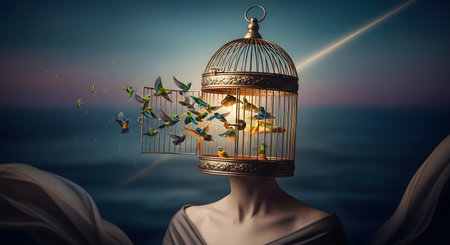 A surreal and conceptual image depicting a woman whose head is replaced by a vintage birdcage, with the cage door open. A flock of colorful birds is flying out of the cage, symbolizing freedom, liberation, mental health, and the release of ideas.の素材