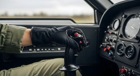 A close-up shot of a pilot's gloved hand resting on the joystick, or control stick, inside an airplane cockpit. The pilot wears a black glove and a green flight suit, and various gauges and dials are visible on the instrument panel.の素材
