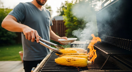 A man uses tongs to grill several ears of corn on the cob on a flaming barbecue grill in a backyard setting. Smoke rises from the grill, creating a classic summer scene of outdoor cooking and barbecuing.の素材