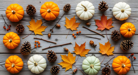 A top-down flat lay of various autumn decorations arranged on a grey wooden plank background. The composition includes orange and white mini pumpkins, pinecones, colorful maple leaves, acorns, and twigs, evoking feelings of fall, Thanksgiving, and harvest season.の素材
