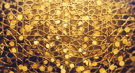 A close-up of an intricate, golden Islamic geometric pattern, possibly a metal screen or lattice. The background is filled with warm, glowing bokeh lights, creating a rich, festive, and spiritual atmosphere for Ramadan or Eid.の素材