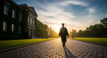 A graduate wearing a cap and gown walks down a cobblestone path on a university campus at sunrise or sunset. The student, seen from behind, walks towards the light, symbolizing achievement, new beginnings, and a bright future after graduation.の素材