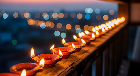 A row of traditional clay diya lamps with burning wicks are lined up on a wooden railing, glowing warmly against a blurred background of city lights at dusk. This image beautifully represents Diwali, the Hindu festival of lights.の素材
