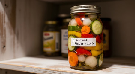 A close-up of a glass mason jar filled with colorful pickled vegetables, including cucumbers, carrots, pearl onions, and red and yellow peppers. The jar has a white label that reads 'Grandma's Pickles - 2023' and sits on a wooden pantry shelf.の素材
