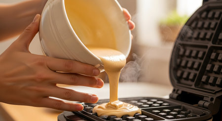 A close-up of hands pouring thick, yellow batter from a white ceramic bowl onto a hot, black waffle iron. Steam is rising from the waffle maker, indicating it's ready for cooking. The scene captures the process of making homemade waffles for breakfast.の素材